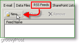 Screenshot Microsoft Outlook 2007 Vytvoriť kanál RSS