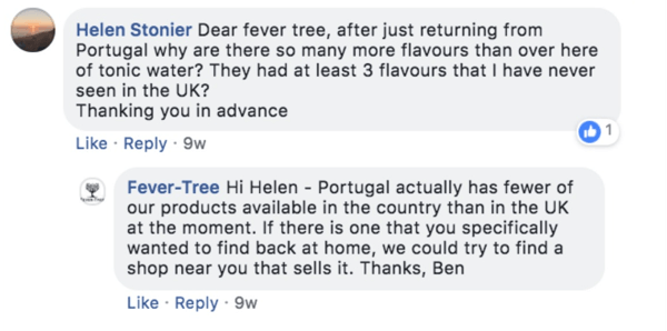 Príklad reakcie Fever-Tree na otázku zákazníka v príspevku na Facebooku.