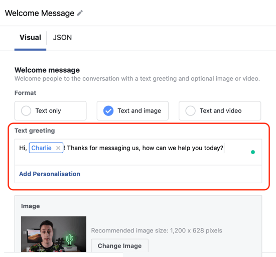 Ako zacieliť na privedenie potenciálnych zákazníkov pomocou reklám na Facebook Messenger, krok 12, príklad prispôsobenia cieľovej aplikácie Messenger, príklad prispôsobenia