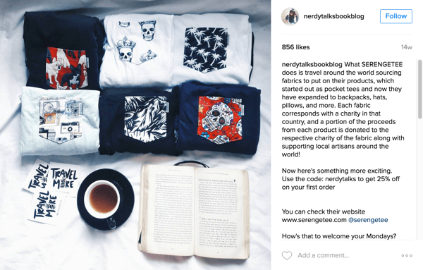 Nerdy Talks Book Blog obsahuje produkty Serengetee a informuje sledovateľov o príčine na Instagrame.