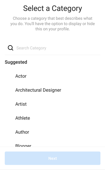Výber kategórie profilu pre profil tvorcu Instagram, krok 1.