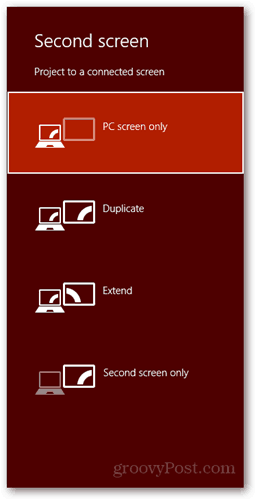  Windows 8 klávesová skratka pripojiť nový displej dialógové okno obrazovky PC duplikát rozšíriť iba na druhú obrazovku
