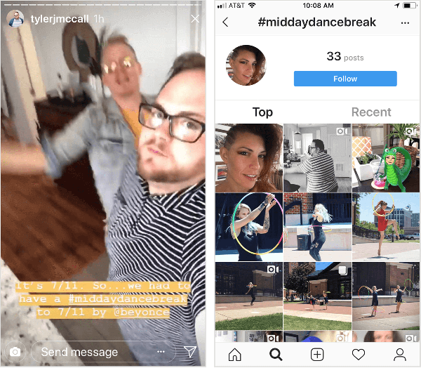 Tyler J. McCall zverejnil video s príbehom Instagram, ktoré ho ukazuje tancovať s titulkom „Je 11. september. Takže sme museli mať #middaydancebreak na 7/11 od @beyonce. “ Stránka s hashtagom Instagramu pre #middaydancebreak, zobrazená vpravo, nezobrazuje všetky Tylerove príspevky s týmto hashtagom a jeho kontext je zmiešaný s príspevkami od iných používateľov Instagramu, ktorí tiež použili mriežka.