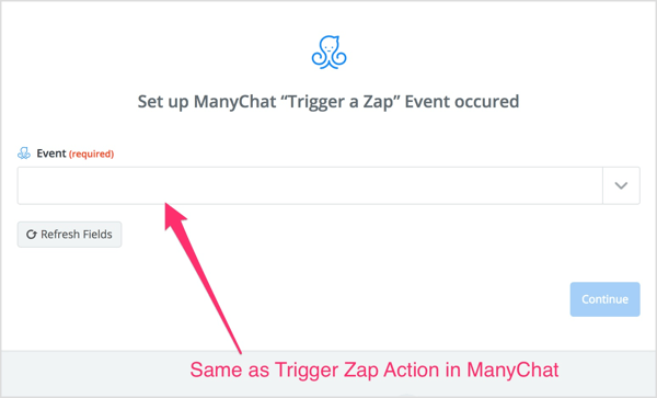 Vyberte akciu Trigger Zap, ktorú ste vytvorili v toku ManyChat.