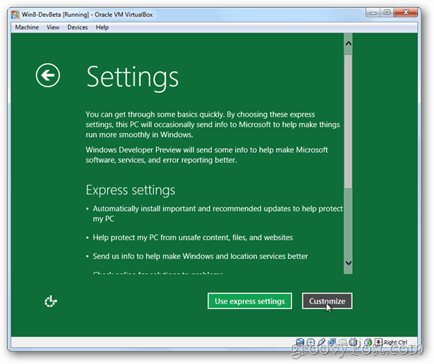 VirtualBox Windows 8 vyjadruje alebo prispôsobuje nastavenie