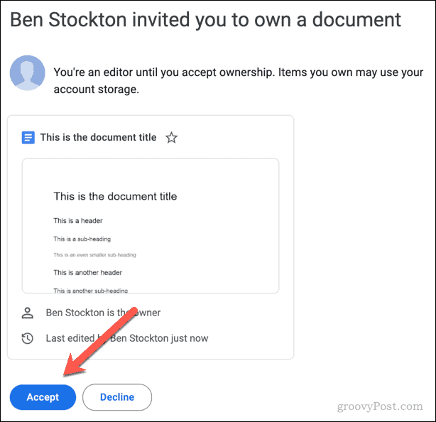 E-mail s pozvánkou na prijatie alebo odmietnutie vlastníctva súboru Dokumentov Google