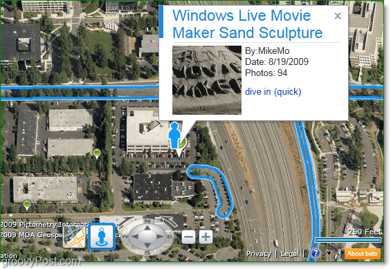 postupujte podľa modrých čiar, aby ste videli, kde je ulica k dispozícii, a sledujte zelené kolíky pre hotspoty Photosynth