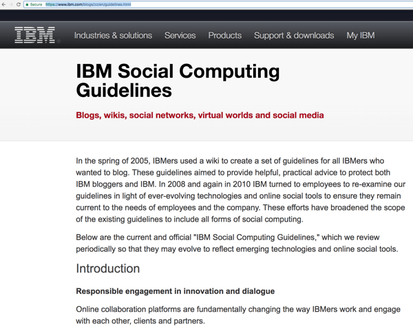 Pokyny spoločnosti IBM pre spoločenské výpočty pomáhajú svojim zamestnancom zapojiť sa do publika so zvyšovaním povedomia a hľadaním potenciálnych zákazníkov. 