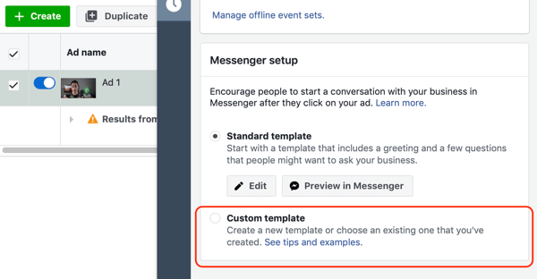 Ako zacieliť na horúcich potenciálnych zákazníkov pomocou reklám na Facebook Messenger, krok 10, možnosť vlastnej šablóny cieľového miesta Messenger