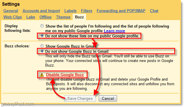 v nastaveniach Gmailu kliknite na kartu Google Buzz