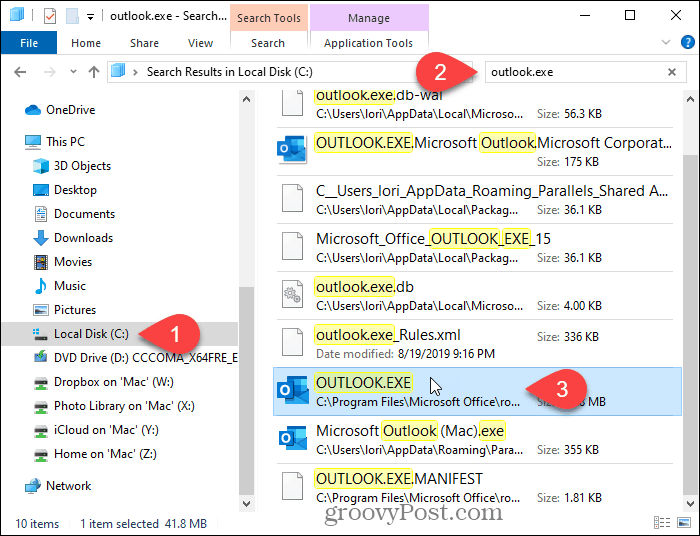 Vyhľadajte program Outlook v Prieskumníkovi súborov