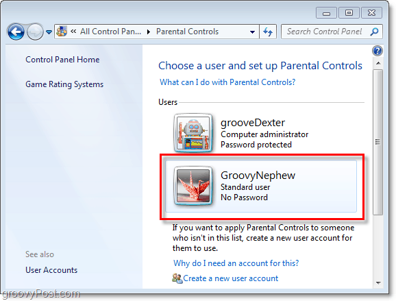 vyberte používateľa, v ktorom chcete upraviť vlastnosti rodičovskej kontroly v systéme Windows 7