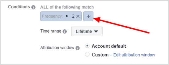 Kliknutím na tlačidlo + nastavíte druhú podmienku pre automatické pravidlo Facebooku