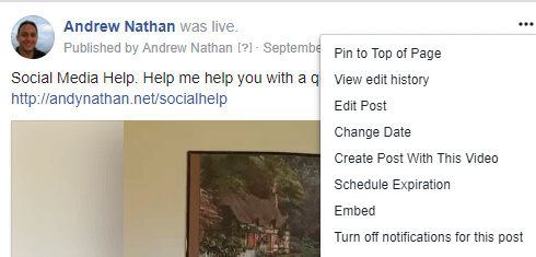 Ak chcete získať kód na vloženie do príspevku na Facebooku Live Video, kliknite na ponuku s tromi bodkami a vyberte možnosť Vložiť.