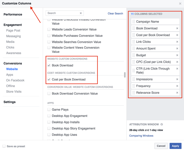 Vyberte stĺpce, ktoré chcete pridať do tabuľky s výsledkami reklamy na Facebooku.