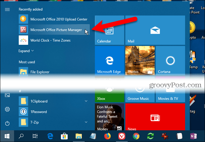 Microsoft Office Picture Manager v časti Nedávno pridané v ponuke Štart systému Windows 10