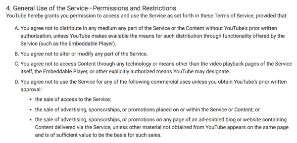 Podmienky služby YouTube jasne načrtávajú obmedzené komerčné využitie platformy.