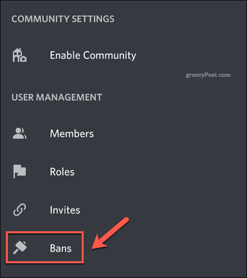 Možnosť ponuky Ban v ponuke nastavení aplikácie Discord