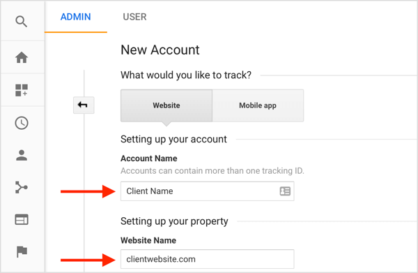 Vyplňte informácie a vytvorte nový klientsky účet z vášho účtu Google Analytics.
