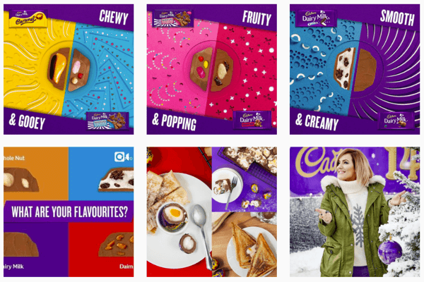 Informačný kanál Instagramu pre spoločnosť Cadbury's sa zameriava na ich ikonickú fialovú farbu.