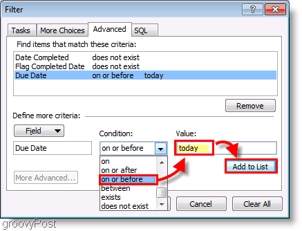 Snímka obrazovky: Filter nastavenia panela úloh programu Outlook 2007 dnes