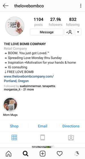 Príklad životopisného profilu Instagram Business s ponukou od @thelovebombco.