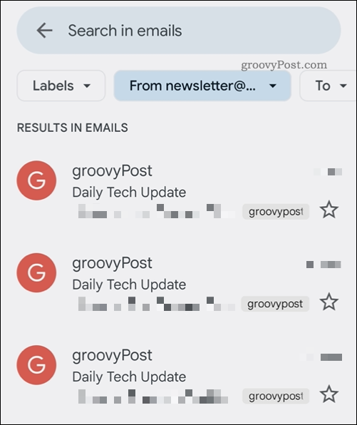 Výsledky vyhľadávania aplikácie Gmail