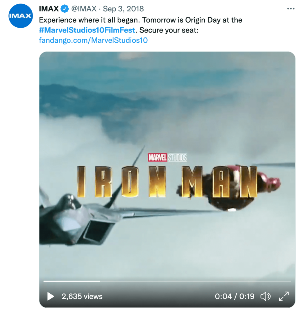 obrázok tweetu IMAX o 10-ročnom filmovom festivale Marvel Studios