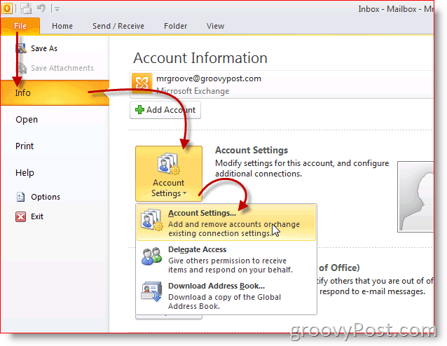 Nastavenia účtu Screenshot programu Outlook 2010