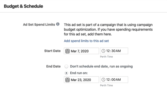 Sekcia Rozpočet a plán na úrovni sady reklám v aplikácii Facebook Ads Manager