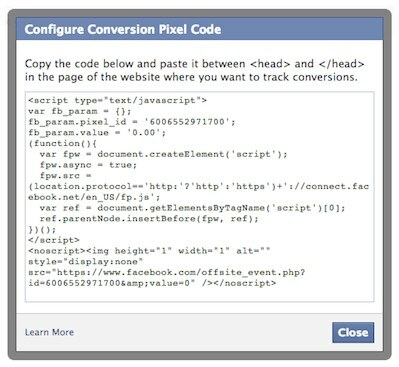 pixelový kód pre konverziu na facebook