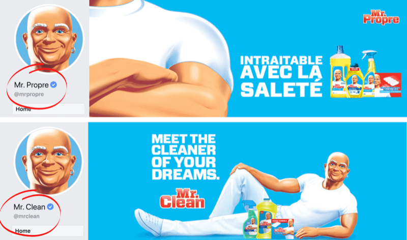 Stránka na Facebooku a titulný obrázok zobrazujúci jazykové rozdiely pre značku Mr. Clean na trhoch vo Francúzsku / Belgicku a USA