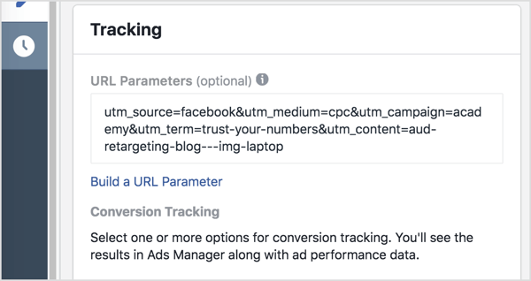 V Správcovi reklám pridajte svoje parametre sledovania (všetko za otáznikom) do poľa Parametre adresy URL.