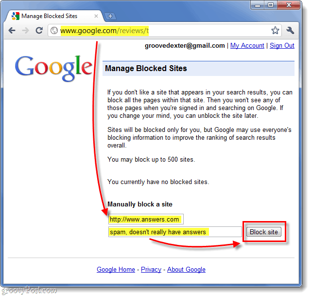 ručne zablokovať webovú stránku z výsledkov vyhľadávania Google 