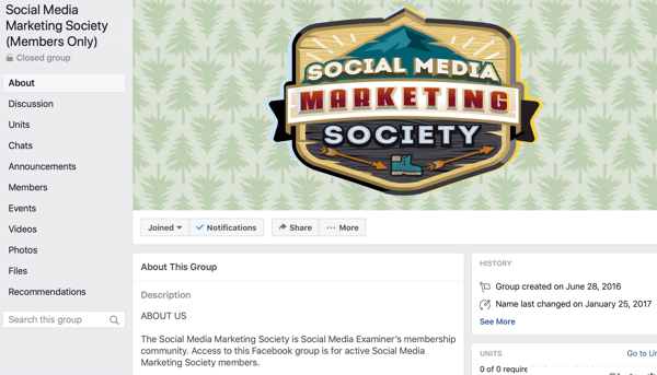Ako používať funkcie skupín na Facebooku, príklad stránky na Facebooku pre spoločnosť Social Media Marketing Society