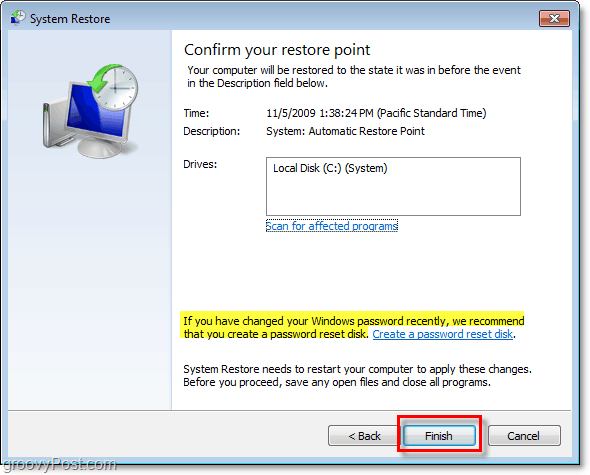 ako potvrdiť, že obnovujete systém Windows 7 pomocou bodu obnovenia a vytvoriť disketu na obnovenie hesla