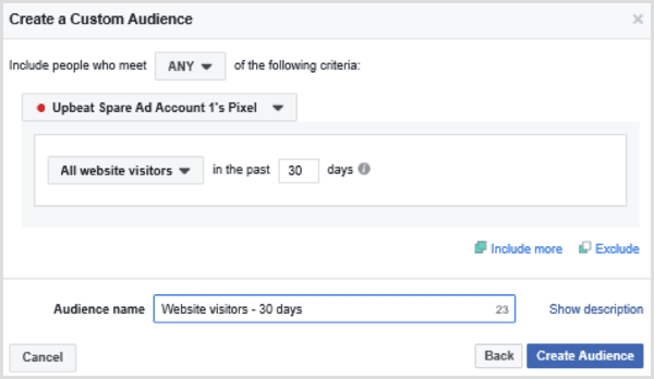 Vyberte možnosti, pomocou ktorých môžete nastaviť vlastné publikum Facebook pre všetkých návštevníkov webových stránok za posledných 30 dní
