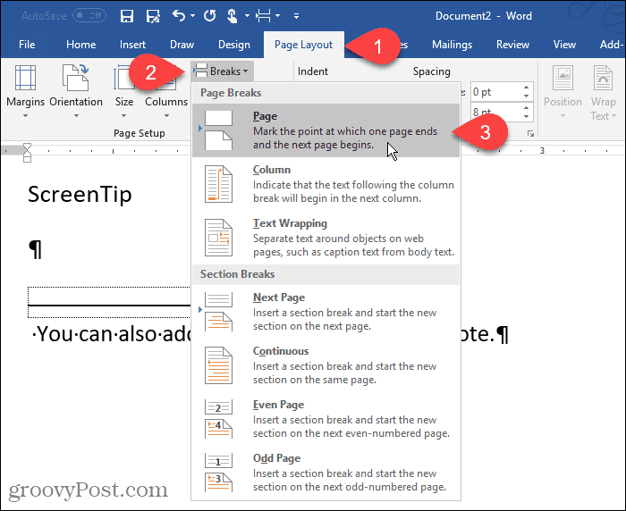 Vložte koniec stránky v programe Word