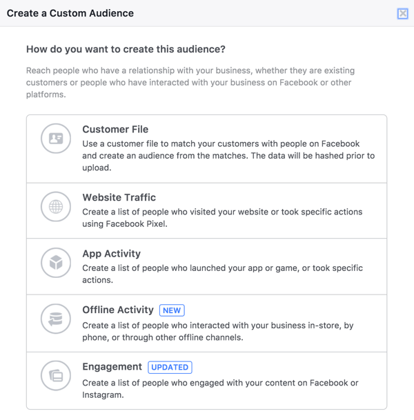 V nástroji Facebook Audiences vyberte Engagement a vytvorte publikum ľudí, ktorí sledovali vaše živé videá.