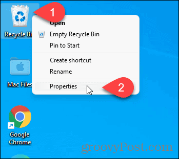 Získajte vlastnosti koša pomocou ikony na ploche v systéme Windows 11