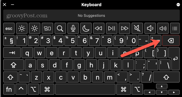 mac delete kláves zvýraznený na virtuálnej klávesnici