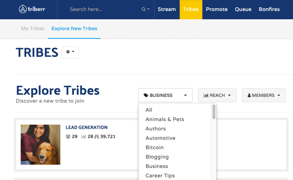 Prejdite na kartu Kmene a vyhľadajte kmene, ktoré sa majú pripojiť k serveru Triberr.