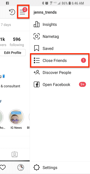 Možnosť Zatvoriť priateľov z profilu Instagram.