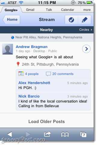 Prehliadka obrazovky aplikácie Google+ pre webovú aplikáciu Google+