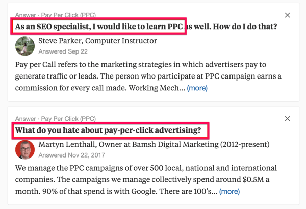 Príklad dvoch výsledkov vyhľadávania Quora vrátane hľadaného výrazu „PPC“.