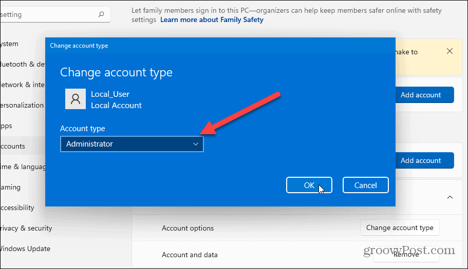 zmeniť typ účtu Windows 11