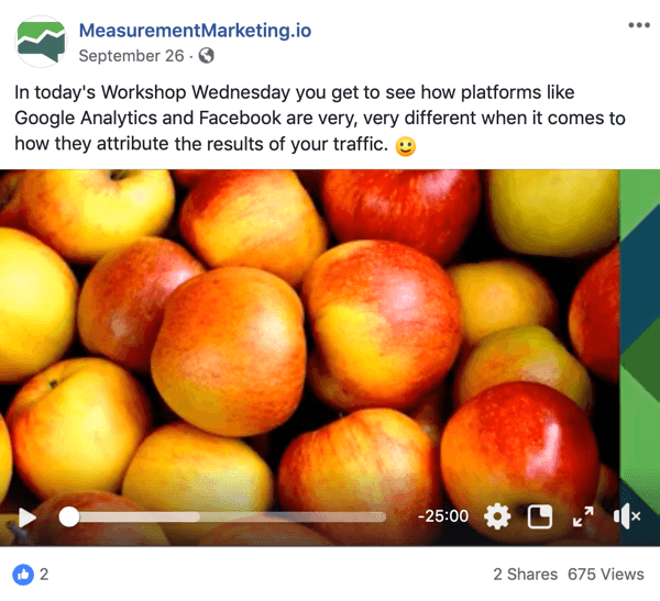 Toto je snímka obrazovky príspevku na Facebooku zo stránky MeasurementMarking.io. V príspevku sa tiež zobrazuje video, ktoré propaguje hlavný magnet dielne Chrisa Mercera v stredu. Používatelia, ktorí si pozrú alebo kliknú na video, mohli splniť cieľ povedomia.