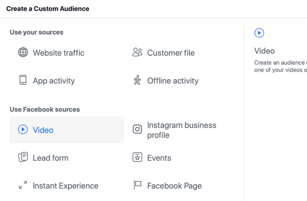 Ako propagovať svoje živé vysielanie na Facebooku, krok 8, vytvorte si vlastné publikum v aplikácii Facebook Ads Manager na základe zhliadnutí videa