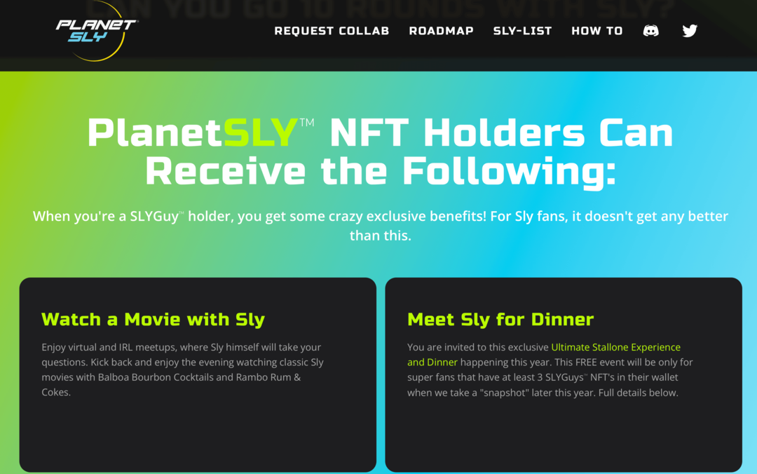 obrázok webovej stránky PlanetSly vysvetľujúci výhody pre držiteľov SLYGuy NFT