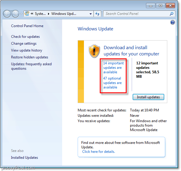 Windows 7 - Screenshot stránky s aktualizáciou systému Windows